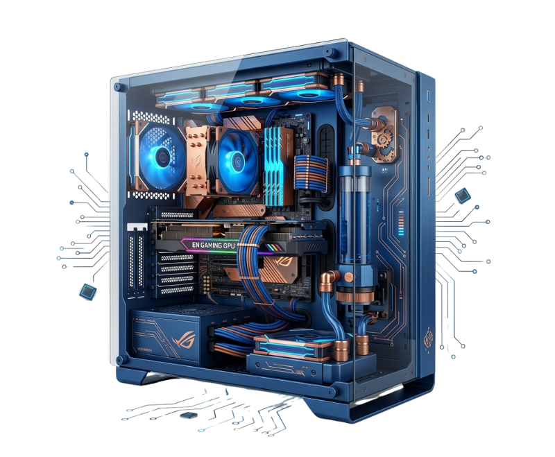 Un boîtier PC haut de gamme de type "Open Frame" avec un système de refroidissement liquide, des composants rétroéclairés en bleu et des finitions cuivrées, présenté de trois-quarts sur un fond blanc pur avec des motifs de circuits électroniques.
