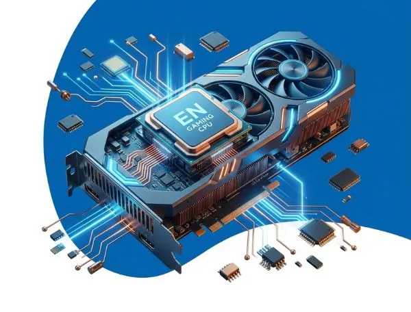 Une carte graphique puissante et un processeur mis en valeur par un éclairage technologique bleu et des lignes de circuits imprimés, présentés sur un fond blanc et bleu épuré.