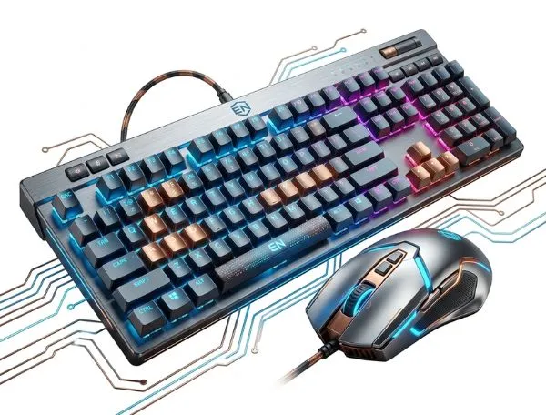 Un gros plan haute définition d'un clavier mécanique avec rétroéclairage RGB personnalisé et une souris gamer haute performance, posés sur un fond blanc avec des motifs de circuits électroniques bleus et cuivrés
