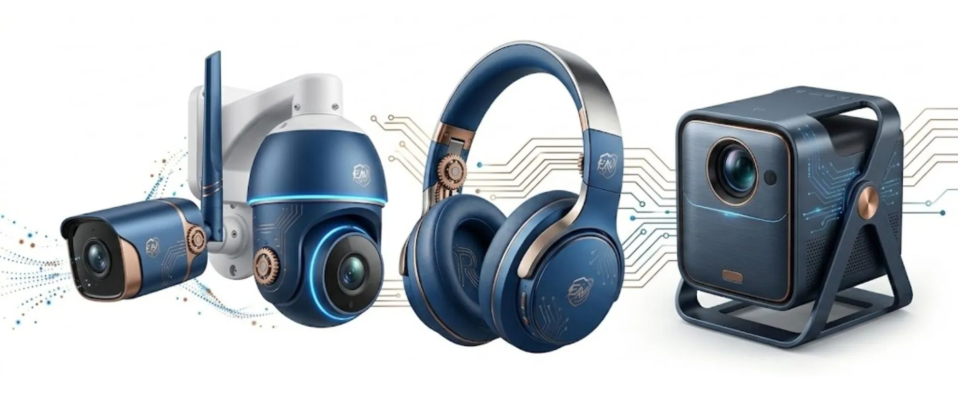 Une sélection de produits technologiques haut de gamme comprenant un système de caméras de surveillance intelligentes, un casque audio sans fil premium et un projecteur compact, tous personnalisés aux couleurs bleu électrique et cuivre d'Electro Mania sur un fond blanc pur.